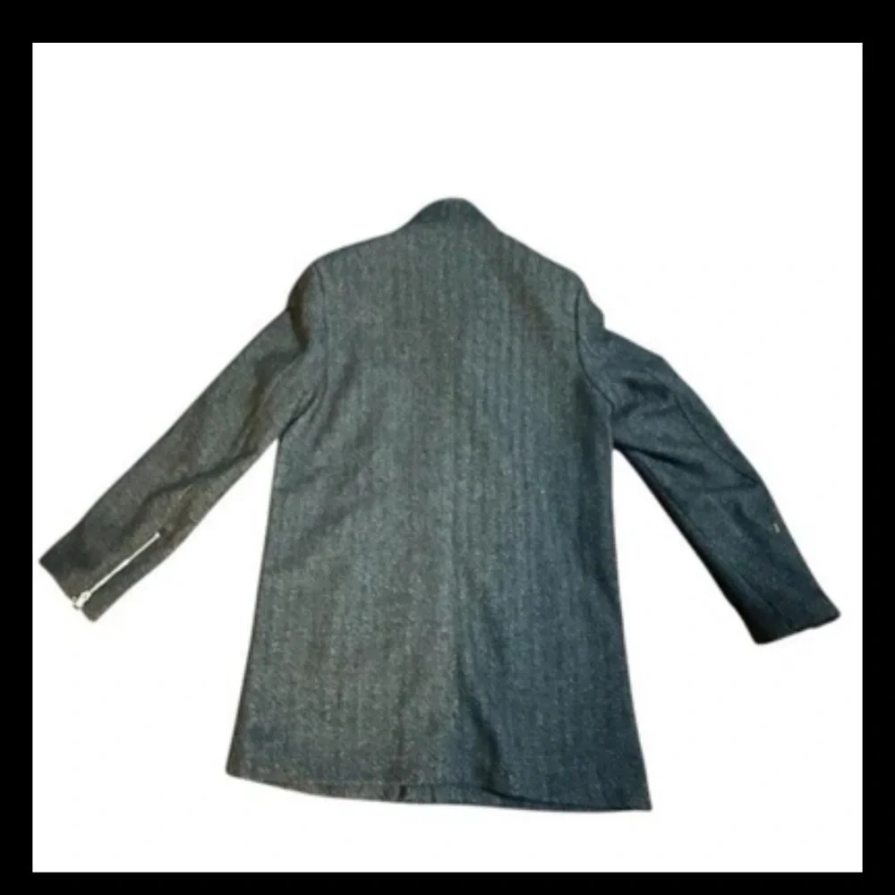 H&M Mens Wool Trench Coat Size 40R Gray Houndstooth Zip Snap Pockets Mock Neck